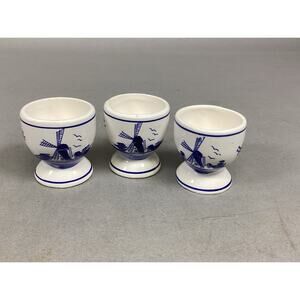 Delft Blue Porcelain Egg Cups Handpainted Windmills & Floral - Set of 3
